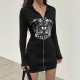 European and American Black, Elegant Commuter Lettering Long-Sleeved Bottoming Shirt with Zippered Hood and Niche Zippered Sweater Dress