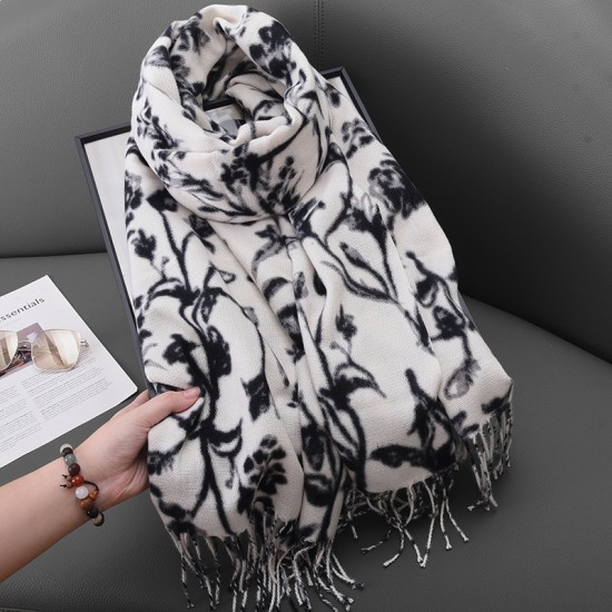 Autumn/Winter Faux Cashmere Tassel Floral Scarf, Korean-Style Women's Fashionable and Elegant Shawl, Luxury Women's Neck Scarf Wholesale
