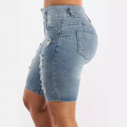 2025 new European and American cross-border high-waisted ripped denim shorts for women, stretchy, slim-fitting, hip-lifting cropped pants in stock