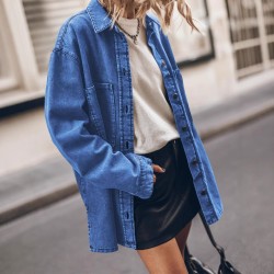 European and American Retro Hong Kong Style Lapel Denim Jacket for Women, Blue Large Pocket Loose Casual Shirt