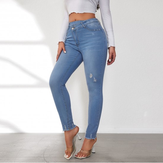 Factory Direct Foreign Trade Jeans for Women: Spring 2024 Elastic High-Waisted Slimming Raw-Edge Straight-Leg Pants