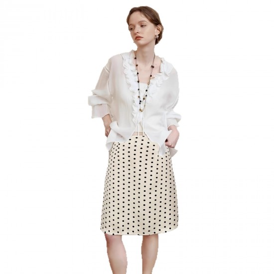 European and American summer hot-selling polka-dot midi skirt for women, cross-border trade, elegant apricot-colored slimming slit commuter skirt