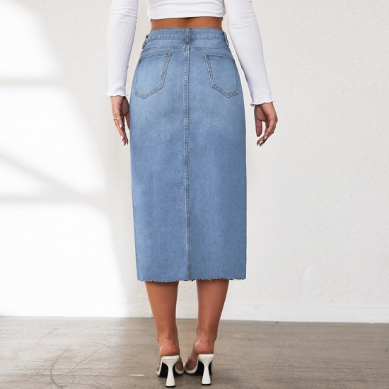 Factory direct sales, foreign trade, 2025 American retro non-stretch denim shorts Women's midi-length slit skirt