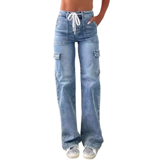 Factory direct sales of 2025 new straight-leg jeans for women, American casual, lace-up, multi-pocket functional work pants, in stock. Factory direct sales of 2025 new straight-leg jeans for women, American casual, lace-up, multi-pocket functional work pants, in stock.