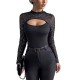 European and American, cross-border, elegant, long-sleeved, transparent mesh, patchwork, T-shirt. Slim-fitting, hollow, see-through, long-sleeved top.