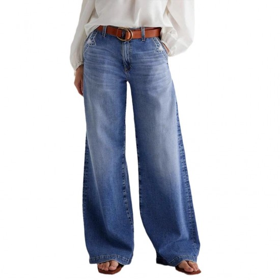 20 25 Spring New European and American Cross-Border Retro Wide-Leg Jeans for Women, Embroidered Stretch Straight-Leg Casual Pants