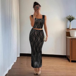 Summer European and American Waist-Fitting Spliced ​​Sleeveless T-Shirt Elegant Ruffled Small Flying Sleeve 3D Flower Decorated Contrast Color Top