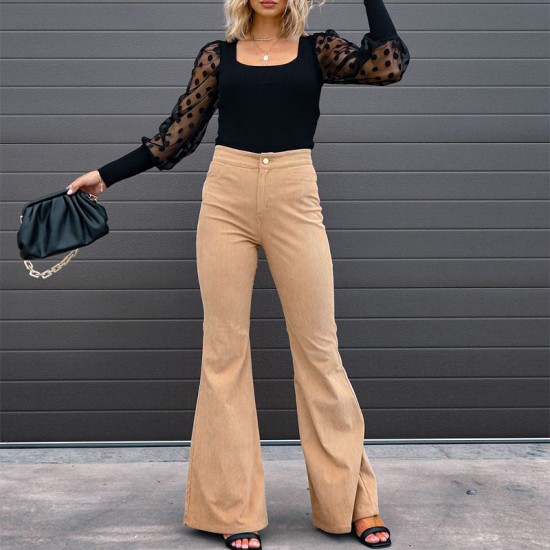 Factory Direct Cross-Border European and American 2025 Spring and Autumn Women's Solid Color Mid-Rise Slim Flared Corduroy Casual Pants