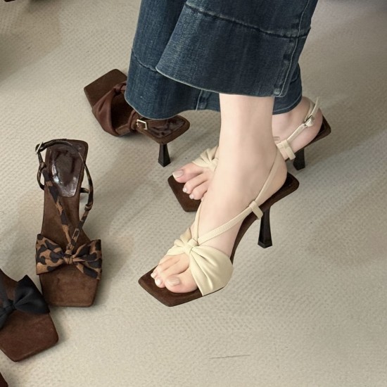 French-style, elegant bow-knot high heels for women, new summer 2025 styles, leopard print stiletto sandals for women with skirts
