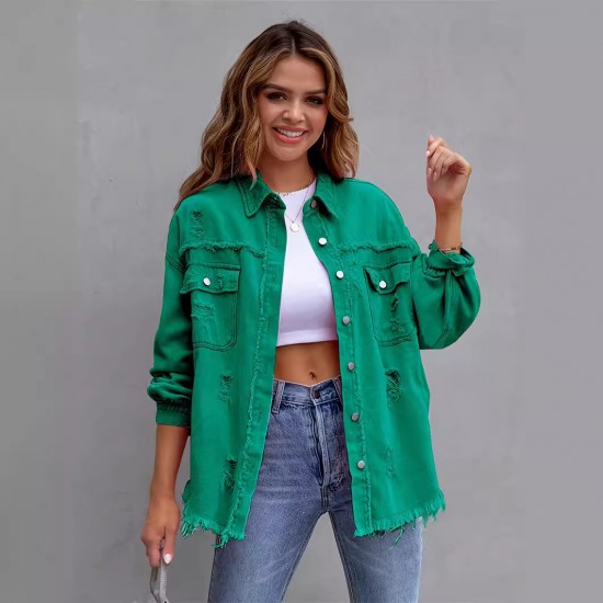 Cross-border new European and American denim jackets for women, solid color, loose-fitting jackets, ripped long-sleeved women's denim shirts, bestsellers. Cross-border new European and American denim jackets for women, solid color, loose-fitting jackets, ripped long-sleeved women's denim shirts, bestsellers.