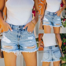 Factory-Shop Cross-Border Independent Station New 2023 Summer Casual Ripped Raw-Edge Straight-Leg Washed Women's Denim Shorts