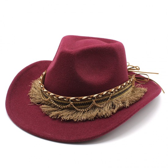 Cross-border retro ethnic-style tassel felt hat, jazz flat-brimmed hat for men and women, British woolen hat