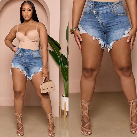 Factory direct cross-border 2025 spring and summer new Amazon high-waisted, sexy, raw-edge denim shorts for women, slimming effect