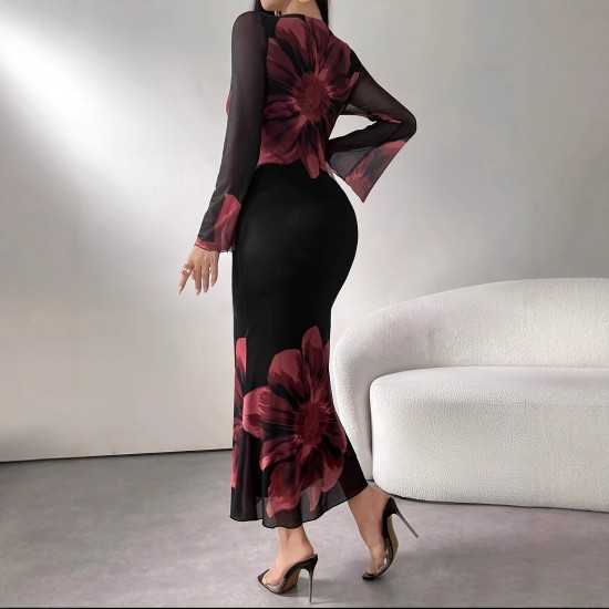 Cross-border elegant, stylish, long dress, slim-fitting, retro-printed, slightly flared, long-sleeved, mesh dress for women. Cross-border elegant, stylish, long dress, slim-fitting, retro-printed, slightly flared, long-sleeved, mesh dress for women.