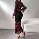 Cross-border elegant, stylish, long dress, slim-fitting, retro-printed, slightly flared, long-sleeved, mesh dress for women. Cross-border elegant, stylish, long dress, slim-fitting, retro-printed, slightly flared, long-sleeved, mesh dress for women.