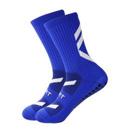 Non-slip men's soccer socks, youth and boys' sports traction crew neck socks in black, white, and blue, high quality.