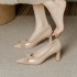 2025 spring/summer new patent leather, pointed-toe, mid-heeled sandals for women, matching skirts.