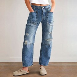In stock: 2025 new European and American cross-border retro ripped jeans, casual patchwork banana pants, loose straight-leg pants for women.