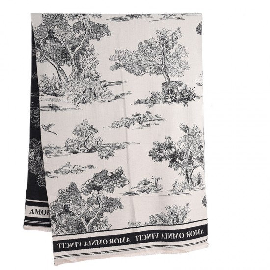 Retro, trendy, black and white jacquard landscape faux cashmere scarf, Japanese and Korean, autumn and winter women's office warm long shawl.
