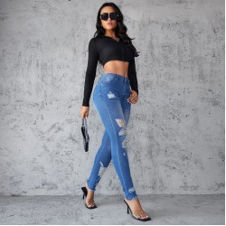 Amazon European and American Cross-border Ripped Jeans for Women, 2025 Spring/Summer New Slimming, Hip-lifting Skinny Pants, High-waisted, In Stock
