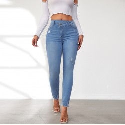 Factory Direct Foreign Trade Jeans for Women: Spring 2024 Elastic High-Waisted Slimming Raw-Edge Straight-Leg Pants