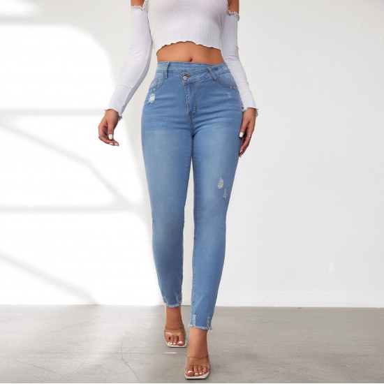 Factory Direct Foreign Trade Jeans for Women: Spring 2024 Elastic High-Waisted Slimming Raw-Edge Straight-Leg Pants