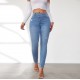 Factory Direct Foreign Trade Jeans for Women: Spring 2024 Elastic High-Waisted Slimming Raw-Edge Straight-Leg Pants