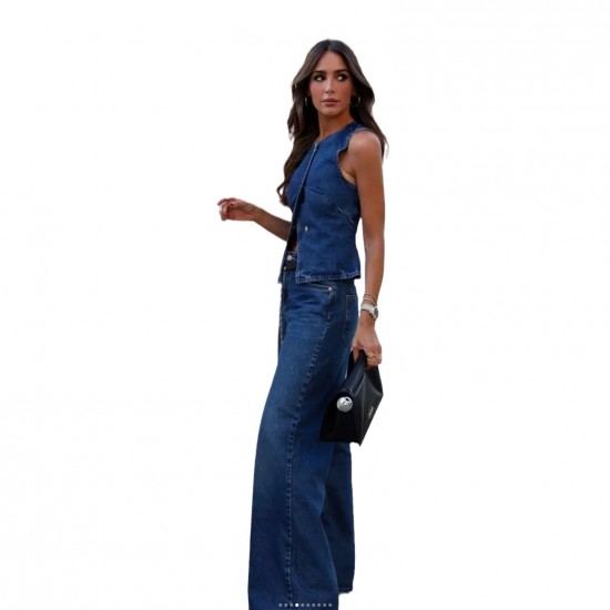 Amazon AliExpress cross-border European and American 2025 spring and summer new sleeveless women's clothing. Fashionable wide-leg denim vest set