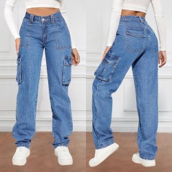 2025 New Cross-border Foreign Trade American Retro Mid-Rise Multi-Pocket Workwear Jeans for Women Casual Straight-Leg Trendy