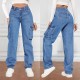 2025 New Cross-border Foreign Trade American Retro Mid-Rise Multi-Pocket Workwear Jeans for Women Casual Straight-Leg Trendy