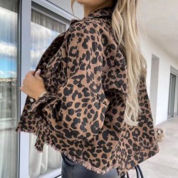 2025 new European and American spring and autumn denim jackets, leopard print, long-sleeved, short, loose-fitting, casual jackets for women, now in stock.