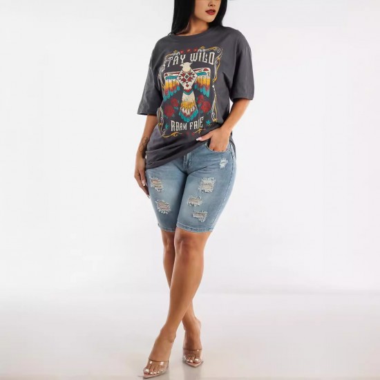 2025 new European and American cross-border high-waisted ripped denim shorts for women, stretchy, slim-fitting, hip-lifting cropped pants in stock