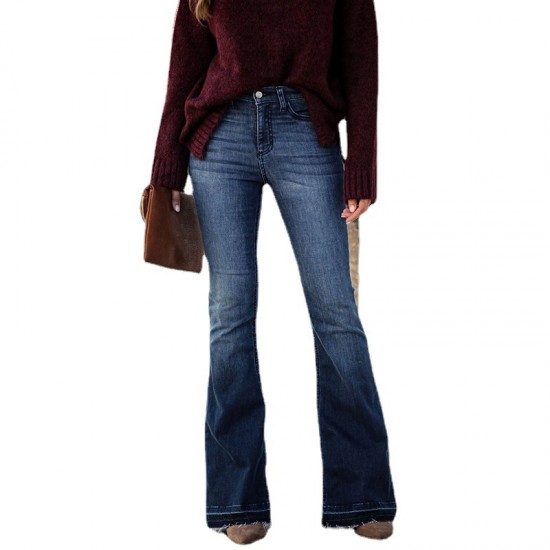 Factory direct sales: 2025 European and American cross-border foreign trade women's jeans, fashionable slim-fit stretch, raw-edge, high-waisted flared pants