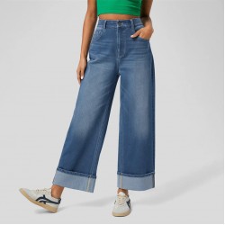 2025 Spring new European and American cross-border fashionable high-waisted straight-leg jeans with cuffed hems for women, casual wide-leg pants.