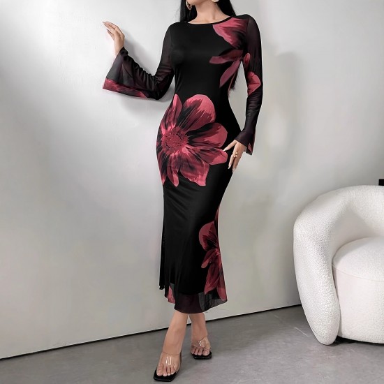 Cross-border elegant, stylish, long dress, slim-fitting, retro-printed, slightly flared, long-sleeved, mesh dress for women. Cross-border elegant, stylish, long dress, slim-fitting, retro-printed, slightly flared, long-sleeved, mesh dress for women.