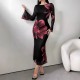 Cross-border elegant, stylish, long dress, slim-fitting, retro-printed, slightly flared, long-sleeved, mesh dress for women. Cross-border elegant, stylish, long dress, slim-fitting, retro-printed, slightly flared, long-sleeved, mesh dress for women.