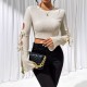 2025 autumn hollow knot side tie flared sleeve T-shirt for women. Knitted, ladylike, slim-fitting long-sleeved top.