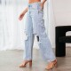 2025 European and American Knee-Ripped Jeans for Women, High-Waisted, Long, Wide-Leg, Light-Washed Casual Pants