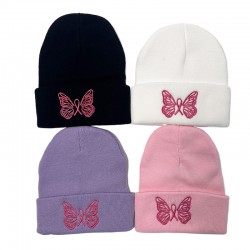 New cross-border men's and women's autumn and winter trendy pink knitted hats with cute butterfly embroidery, warm pullovers for students.