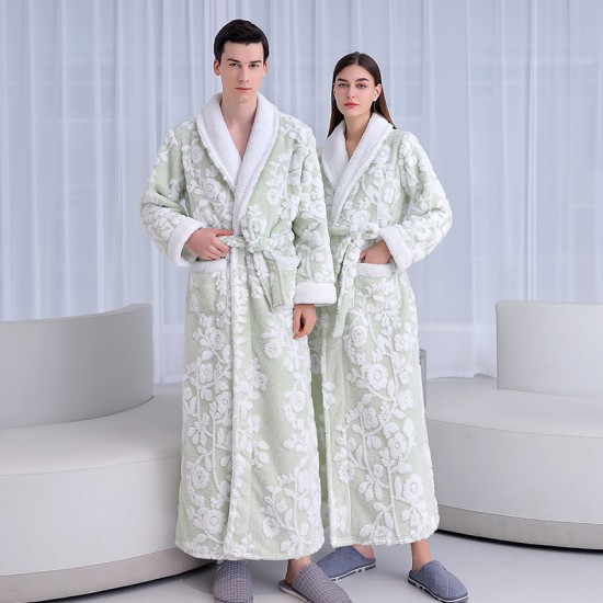 Autumn and winter new silver-gray double-layer thickened jacquard cotton velvet nightgown for men, long plus-length velvet bathrobe for women