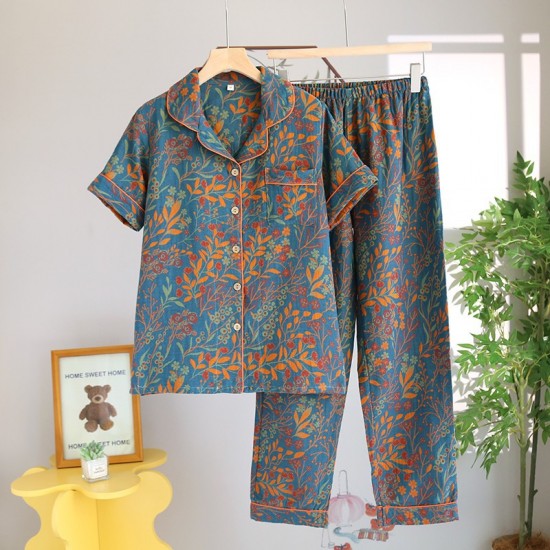 New women's nightdress, pure cotton double-layered crepe, long-sleeved, thin bath skirt, loose spring and summer pajamas, all-cotton loungewear set New women's nightdress, pure cotton double-layered crepe, long-sleeved, thin bath skirt, loose spring and summer pajamas, all-cotton loungewear set