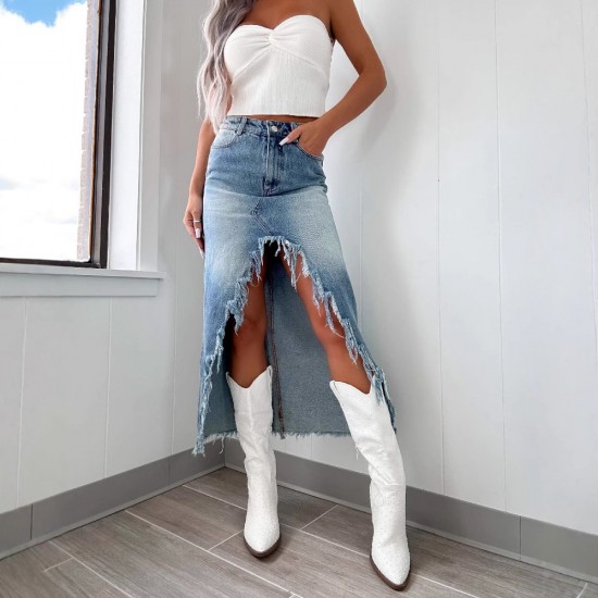 Amazon cross-border 2025 Spring new high-waisted, irregular, raw-edge denim skirt for women, distressed and washed. Amazon cross-border 2025 Spring new high-waisted, irregular, raw-edge denim skirt for women, distressed and washed.