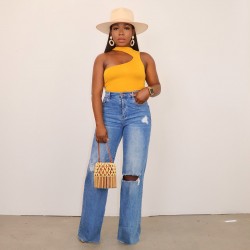 2025 Amazon cross-border new ripped jeans for women, washed wide-leg straight-leg trousers in stock.