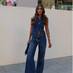 Amazon AliExpress cross-border European and American 2025 spring and summer new sleeveless women's clothing. Fashionable wide-leg denim vest set