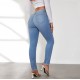 Factory Direct Foreign Trade Jeans for Women: Spring 2024 Elastic High-Waisted Slimming Raw-Edge Straight-Leg Pants