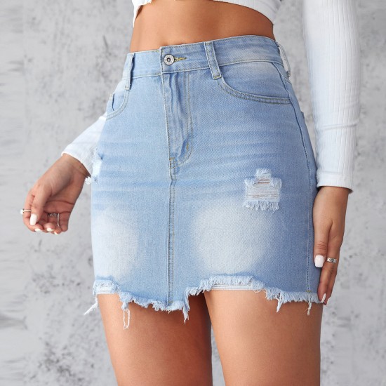 European and American Cross-border 2025 Summer New Slim-Fit Ripped Denim Skirt for Women Light-Color Washed Raw-Edge A-Line Skirt