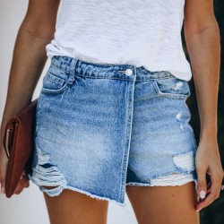 2025 new European and American summer casual elegant washed ripped skirt, light blue women's denim shorts