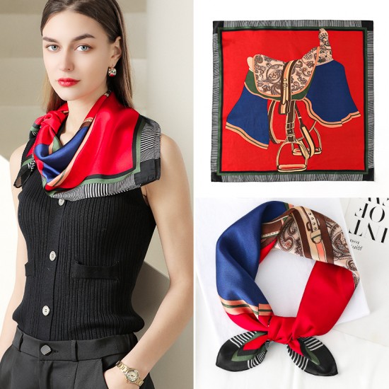 Silk scarves for summer 2025, new plaid saddle print, double-sided, 70s small silk square scarves, wholesale, retro, tied, and ribbon-like