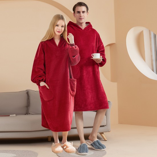 2022 new women's long-length beauty salon spa bathrobes for women, plus-size autumn and winter thickened hooded double-layered composite flannel blankets for men and women, plus-size coral fleece home robes.