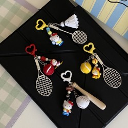 Homemade creative table tennis, badminton, KT doll keychain, cartoon sports game racket series bag charm for couples.